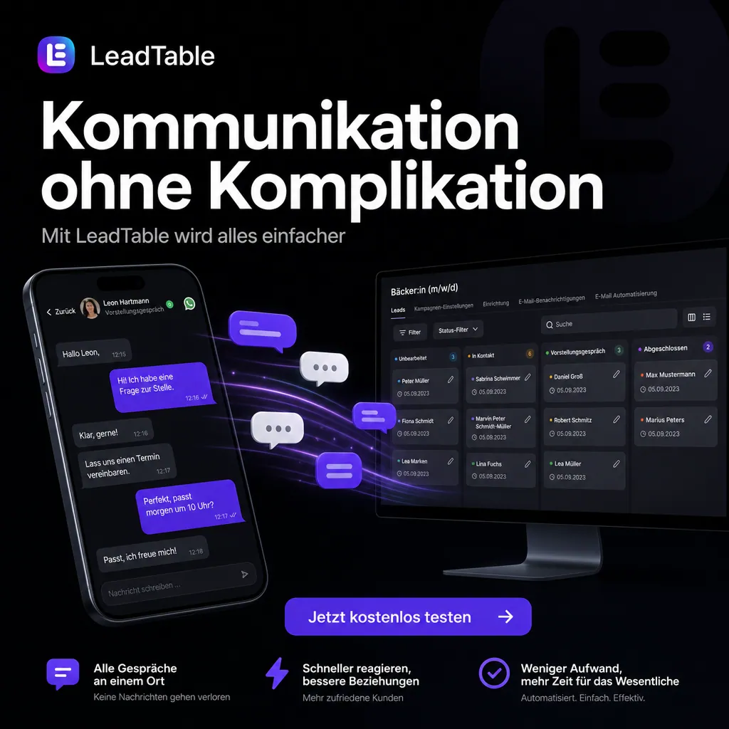KI-B2B-Creative für LeadTable mit dem Hook „Kommunikation ohne Komplikation“