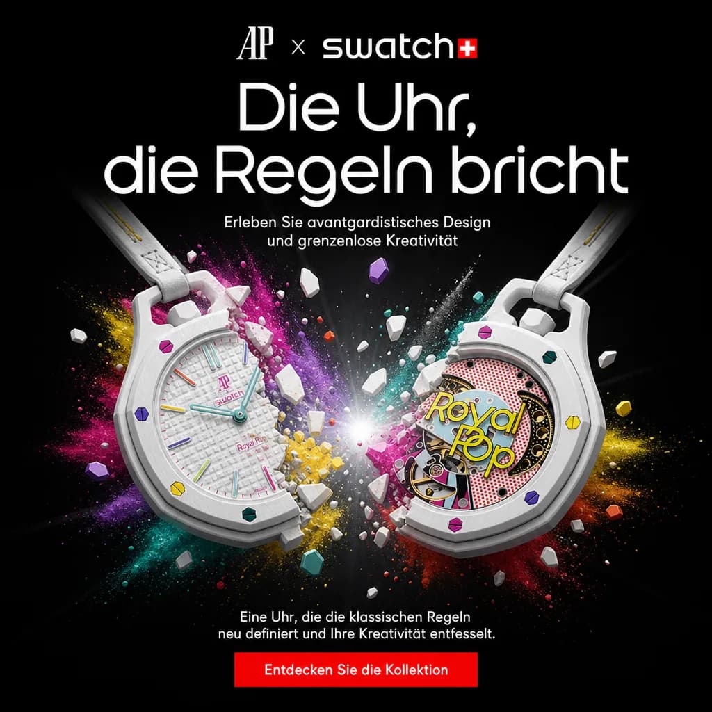 Onlineshop-Werbung für AP × Swatch im Format 1:1 auf Schwarz: „Die Uhr, die Regeln bricht“