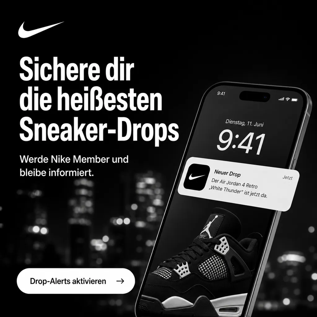 E-Commerce Ad für Nike im Format 1:1 mit Smartphone-Benachrichtigung: „Sichere dir die heißesten Sneaker-Drops“