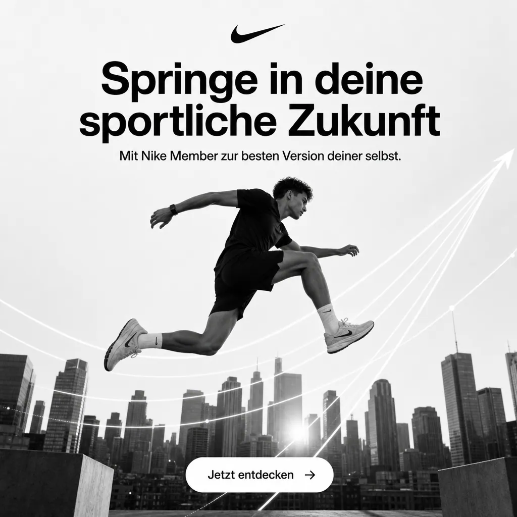 E-Commerce Ad für Nike im Format 1:1 mit springendem Läufer: „Springe in deine sportliche Zukunft“