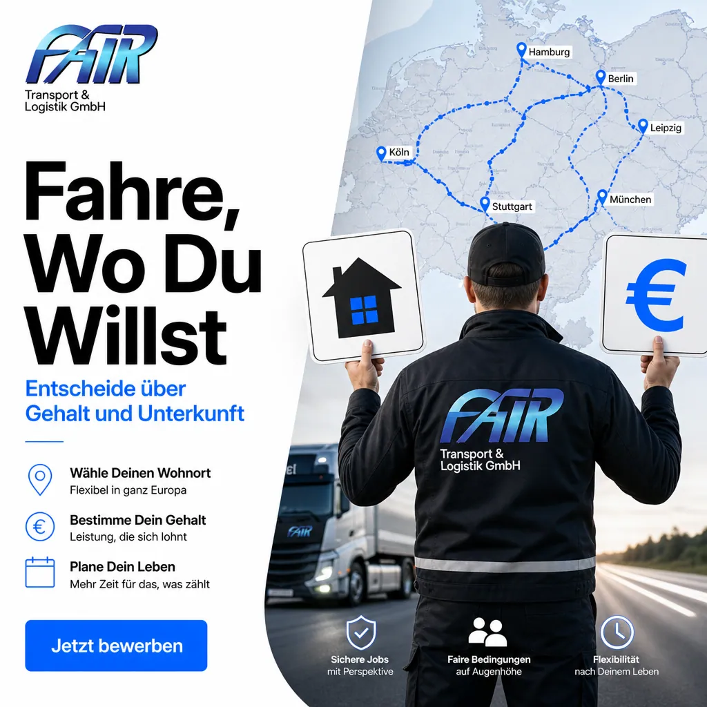 KI-Recruiting-Creative für FAIR Transport & Logistik im Format 1:1: „Fahre, wo du willst“