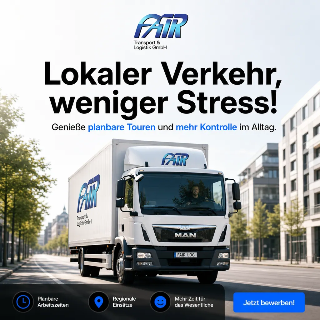 KI-Recruiting-Creative für FAIR Transport & Logistik im Format 1:1: „Lokaler Verkehr, weniger Stress!“