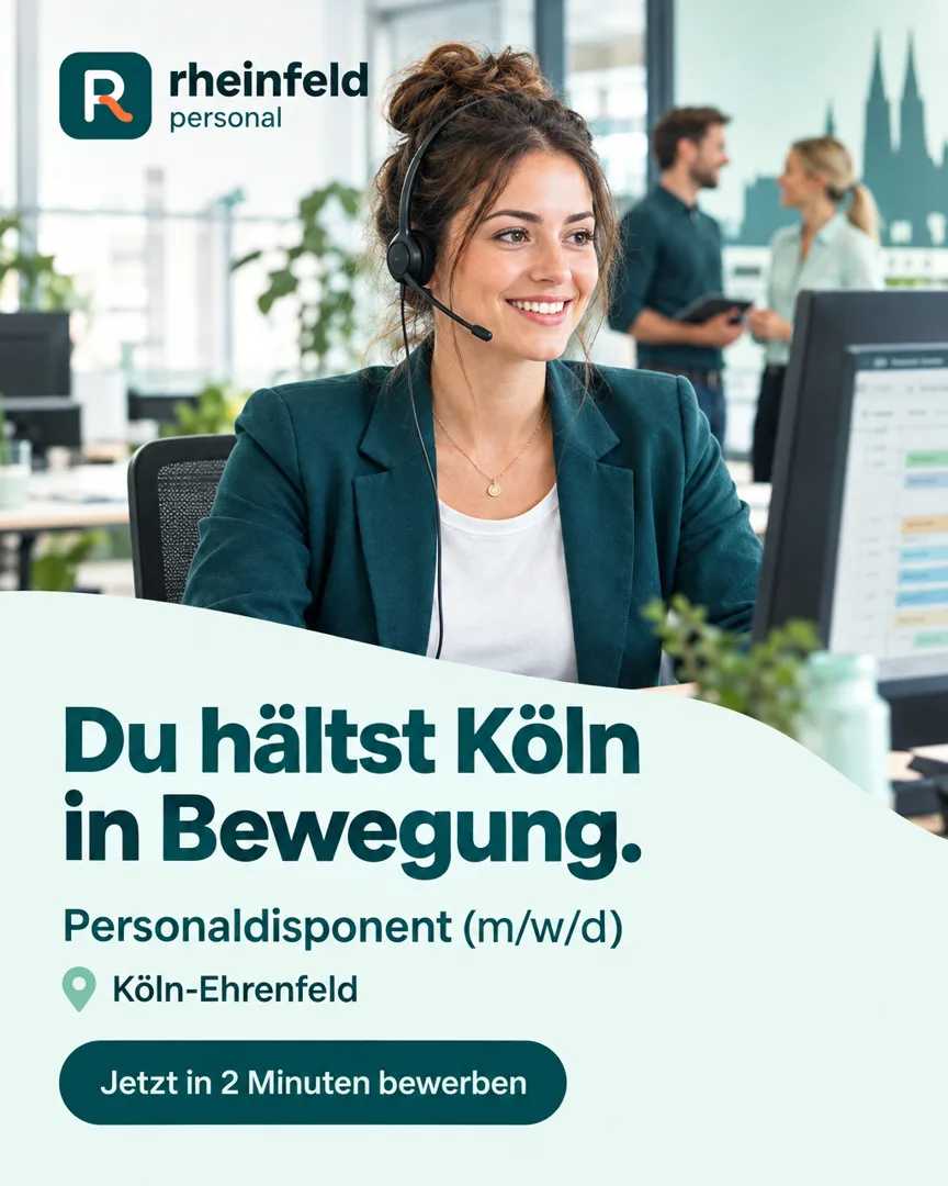 Recruiting-Creative für Rheinfeld Personal im Format 4:5: „Du hältst Köln in Bewegung.“, Personaldisponent (m/w/d) in Köln-Ehrenfeld
