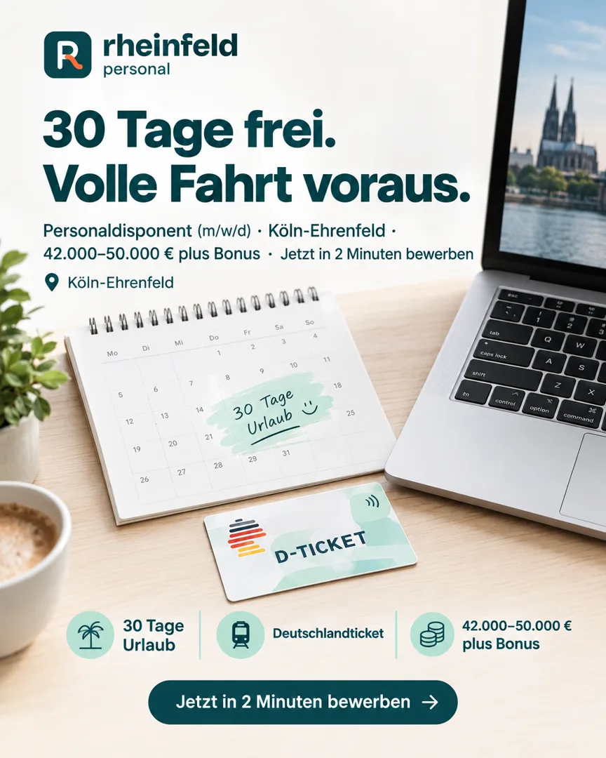 KI-Werbeanzeige für Rheinfeld Personal im Format 4:5: „30 Tage frei. Volle Fahrt voraus.“ mit Kalender und Deutschlandticket