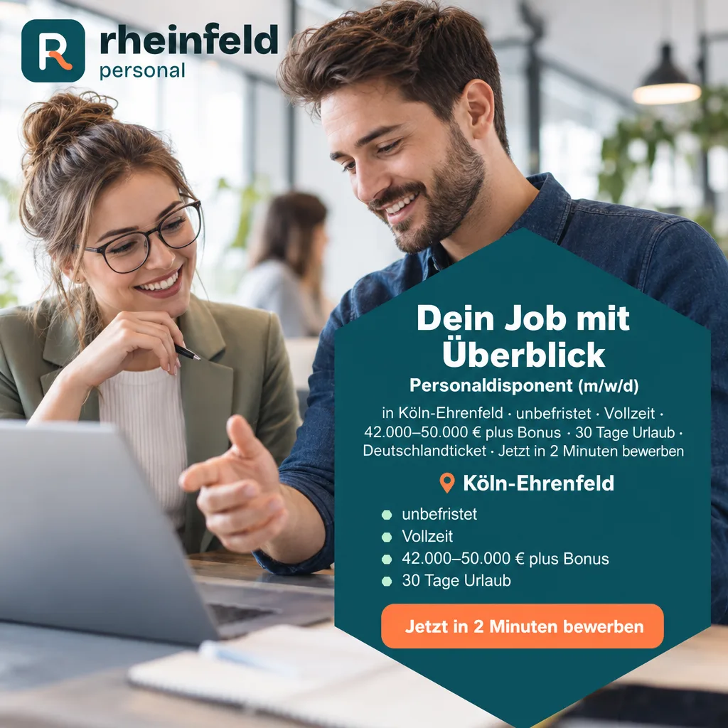 KI-Recruiting-Creative für Rheinfeld Personal mit Layout 1:1: „Dein Job mit Überblick“, Format 1:1