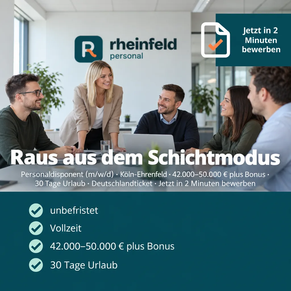 KI-Recruiting-Creative für Rheinfeld Personal mit Layout 1:1 aus einer Referenz: „Raus aus dem Schichtmodus“, Format 1:1