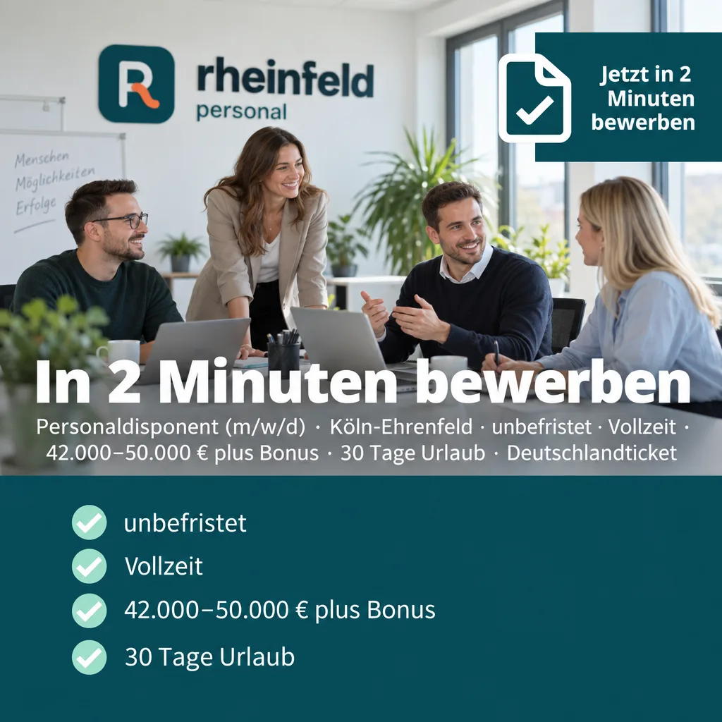 KI-Recruiting-Creative für Rheinfeld Personal mit Layout 1:1: „In 2 Minuten bewerben“, Format 1:1