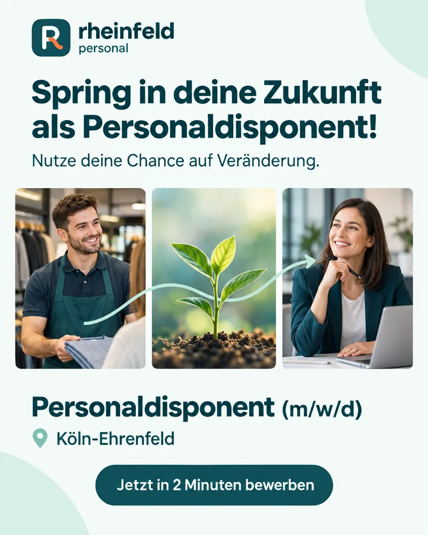 Static Ad für Rheinfeld Personal: „Spring in deine Zukunft als Personaldisponent!“